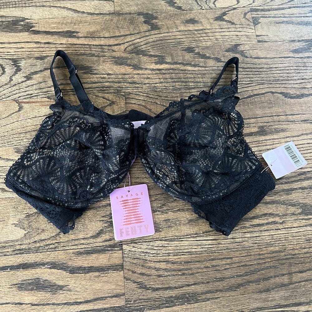 Savage X Fenty Scalloped Black Lace Unlined Demi Cup Bra / 40DD NEW